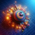 A close-up view of a colorful creative 3D logo on a colorful background with glowing lights, suggesting a graphic design theme but dark