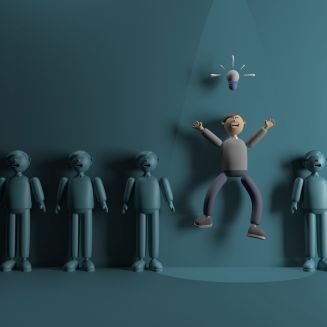3D illustration cartoon character young man in the line jumped and had a light bulb hovering over their head, rendering