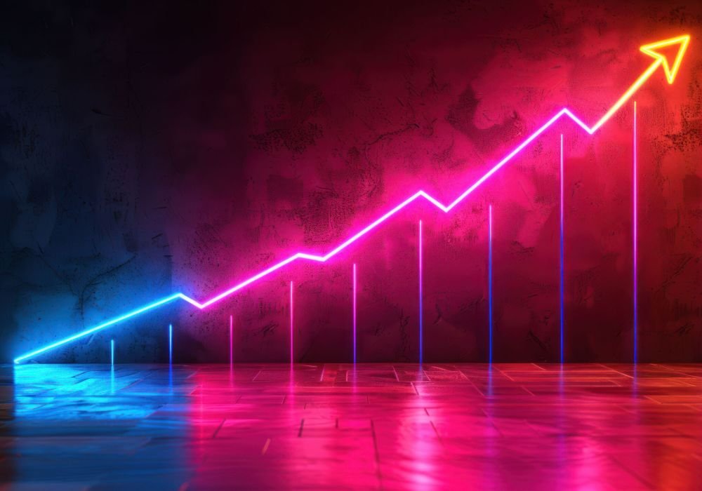 Neon upward trend graph on dark background.